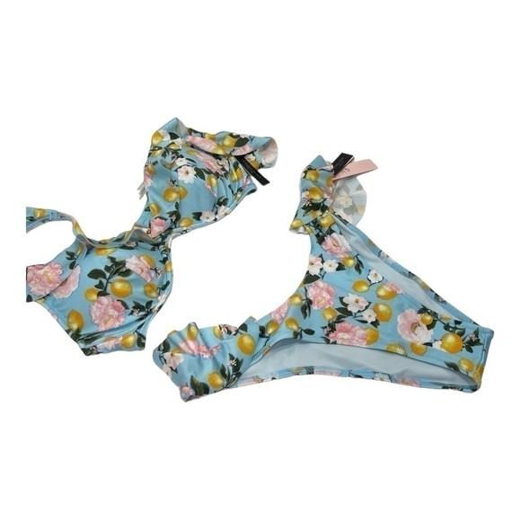 Victoria Secret Swim Ruffle Brazilian Bikini Set In Blue Lemon size 34 C/ M new - Picture 5 of 10